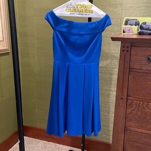 Royal blue off the shoulder dress.